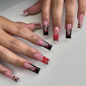 imageBABALAL Square Press on Nails Long Fake Nails Pink French Tip Glue on Nails 3d Flower Butterfly Rhinestone Charm Design Acrylic Nails 24Pcs Manicure Squoval False NailsFnm08cheetah