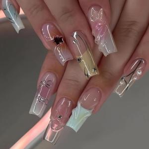 imageBABALAL Square Press on Nails Long Fake Nails Pink French Tip Glue on Nails 3d Flower Butterfly Rhinestone Charm Design Acrylic Nails 24Pcs Manicure Squoval False NailsFnm09y2k