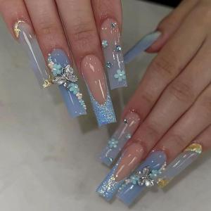 imageBABALAL Square Press on Nails Long Fake Nails Pink French Tip Glue on Nails 3d Flower Butterfly Rhinestone Charm Design Acrylic Nails 24Pcs Manicure Squoval False NailsFnm02blue