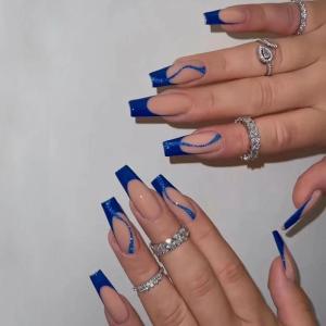 imageBABALAL Square Press on Nails Long Fake Nails Pink French Tip Glue on Nails 3d Flower Butterfly Rhinestone Charm Design Acrylic Nails 24Pcs Manicure Squoval False NailsFnm13blue