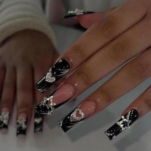 imageBABALAL Square Press on Nails Long Fake Nails Pink French Tip Glue on Nails 3d Flower Butterfly Rhinestone Charm Design Acrylic Nails 24Pcs Manicure Squoval False NailsFnm03black