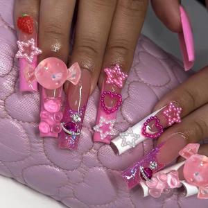 imageBABALAL Square Press on Nails Long Fake Nails Pink French Tip Glue on Nails 3d Flower Butterfly Rhinestone Charm Design Acrylic Nails 24Pcs Manicure Squoval False NailsFnm07strawberry