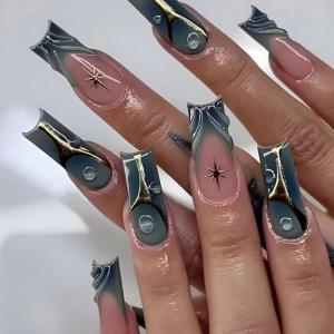 imageBABALAL Square Press on Nails Long Fake Nails Pink French Tip Glue on Nails 3d Flower Butterfly Rhinestone Charm Design Acrylic Nails 24Pcs Manicure Squoval False NailsFnm09gold