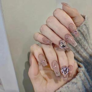 imageBABALAL Square Press on Nails Long Fake Nails Pink French Tip Glue on Nails 3d Flower Butterfly Rhinestone Charm Design Acrylic Nails 24Pcs Manicure Squoval False NailsFnm14pink