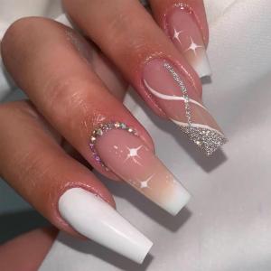 imageBABALAL Square Press on Nails Long Fake Nails Pink French Tip Glue on Nails 3d Flower Butterfly Rhinestone Charm Design Acrylic Nails 24Pcs Manicure Squoval False NailsFnm09white
