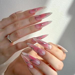 imageBABALAL Stiletto Press on Nails Long Fake Nails Pink Orange French Glue on Nails 3D Gold Chrome Texture Design Y2k Acrylic Nails 24Pcs Almond Stick on Nails Handmade Ombre False Nails SummerANL05ombre