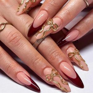 imageBABALAL Stiletto Press on Nails Long Fake Nails Pink Orange French Glue on Nails 3D Gold Chrome Texture Design Y2k Acrylic Nails 24Pcs Almond Stick on Nails Handmade Ombre False Nails SummerANL01goldred