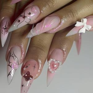 imageBABALAL Stiletto Press on Nails Long Fake Nails Pink Orange French Glue on Nails 3D Gold Chrome Texture Design Y2k Acrylic Nails 24Pcs Almond Stick on Nails Handmade Ombre False Nails SummerANL18