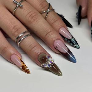imageBABALAL Stiletto Press on Nails Long Fake Nails Pink Orange French Glue on Nails 3D Gold Chrome Texture Design Y2k Acrylic Nails 24Pcs Almond Stick on Nails Handmade Ombre False Nails SummerANL17