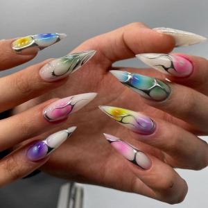 imageBABALAL Stiletto Press on Nails Long Fake Nails Pink Orange French Glue on Nails 3D Gold Chrome Texture Design Y2k Acrylic Nails 24Pcs Almond Stick on Nails Handmade Ombre False Nails SummerANL13