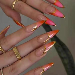 imageBABALAL Stiletto Press on Nails Long Fake Nails Pink Orange French Glue on Nails 3D Gold Chrome Texture Design Y2k Acrylic Nails 24Pcs Almond Stick on Nails Handmade Ombre False Nails SummerANL05