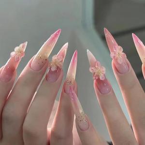 imageBABALAL Stiletto Press on Nails Long Fake Nails Pink Orange French Glue on Nails 3D Gold Chrome Texture Design Y2k Acrylic Nails 24Pcs Almond Stick on Nails Handmade Ombre False Nails SummerANL14