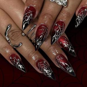 imageBABALAL Stiletto Press on Nails Long Fake Nails Pink Orange French Glue on Nails 3D Gold Chrome Texture Design Y2k Acrylic Nails 24Pcs Almond Stick on Nails Handmade Ombre False Nails SummerANL07spider
