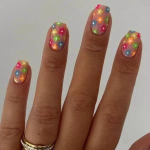 imageYellow Press on Nails Short Square Fake Nails Glue on Flower Summer Acrylic Nails 24Pcs BABALAL Glossy Manicure Stick on Nails Supplies Thick Squoval Artificial Nails Art Diy Nails for Women GirlsBNA109