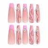 imageBABALAL French Tip Press on Nails Long Square Fake Nails Green Glue on Nails Golden Chrome Design 3d Butterfly Charm Acrylic Nails 24Pcs Squoval Manicure False NailsFNT03pink