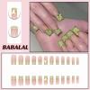 imageBABALAL French Tip Press on Nails Long Square Fake Nails Green Glue on Nails Golden Chrome Design 3d Butterfly Charm Acrylic Nails 24Pcs Squoval Manicure False NailsFNT06green
