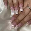 imageBABALAL French Tip Press on Nails Long Square Fake Nails Green Glue on Nails Golden Chrome Design 3d Butterfly Charm Acrylic Nails 24Pcs Squoval Manicure False NailsFNT01Bowflower