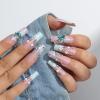 imageBABALAL Long Nails Press on Square Fake Nails Mint Green Summer Glue ons Nails French Tip Luxury Butterfly Flower Charm Design Acrylic Nails 24Pcs Squoval Full Cover Coquette False NailsANc118