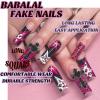 imageBABALAL Square Press on Cheetah French Tip Metallic Ball Charm Y2k Acrylic Flower Squoval Manicure Artificial Nails  24pcsANRb05