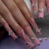 imageBABALAL French Tip Press on Nails Long Square Fake Nails Green Glue on Nails Golden Chrome Design 3d Butterfly Charm Acrylic Nails 24Pcs Squoval Manicure False NailsFNT03pink