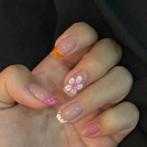 imageBABALAL Coffin Press on Nails Medium Fake Nails Orange Pink French Tip Glue on Nails 3d Texture Flower Design Acrylic Nails 24Pcs Ballerina Summer False Nails Manicure Stick on Nails SuppliesNT0114