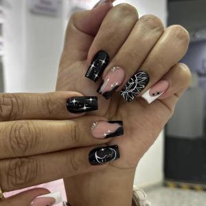imageBABALAL Coffin Press on Nails Medium Fake Nails Orange Pink French Tip Glue on Nails 3d Texture Flower Design Acrylic Nails 24Pcs Ballerina Summer False Nails Manicure Stick on Nails SuppliesNT0110