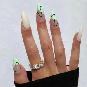 imageBABALAL Coffin Press on Nails Medium Fake Nails Orange Pink French Tip Glue on Nails 3d Texture Flower Design Acrylic Nails 24Pcs Ballerina Summer False Nails Manicure Stick on Nails SuppliesNt16green