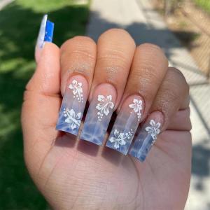 imageBABALAL French Tip Press on Nails Long Square Fake Nails Green Glue on Nails Golden Chrome Design 3d Butterfly Charm Acrylic Nails 24Pcs Squoval Manicure False NailsFNT17blue