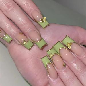 imageBABALAL French Tip Press on Nails Long Square Fake Nails Green Glue on Nails Golden Chrome Design 3d Butterfly Charm Acrylic Nails 24Pcs Squoval Manicure False NailsFNT06green