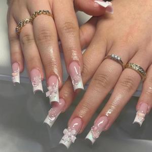 imageBABALAL French Tip Press on Nails Long Square Fake Nails Green Glue on Nails Golden Chrome Design 3d Butterfly Charm Acrylic Nails 24Pcs Squoval Manicure False NailsFNT01Bowflower