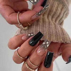 imageBABALAL French Tip Press on Nails Long Square Fake Nails Green Glue on Nails Golden Chrome Design 3d Butterfly Charm Acrylic Nails 24Pcs Squoval Manicure False NailsFNT22glitter