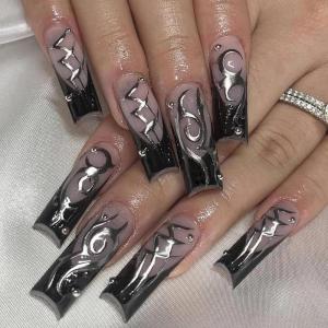imageBABALAL French Tip Press on Nails Long Square Fake Nails Green Glue on Nails Golden Chrome Design 3d Butterfly Charm Acrylic Nails 24Pcs Squoval Manicure False NailsFNT23goth