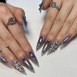 imageBABALAL French Tip Press on Nails Long Square Fake Nails Green Glue on Nails Golden Chrome Design 3d Butterfly Charm Acrylic Nails 24Pcs Squoval Manicure False NailsFNT14snake
