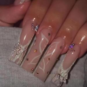 imageBABALAL French Tip Press on Nails Long Square Fake Nails Green Glue on Nails Golden Chrome Design 3d Butterfly Charm Acrylic Nails 24Pcs Squoval Manicure False NailsFNT19butterfly