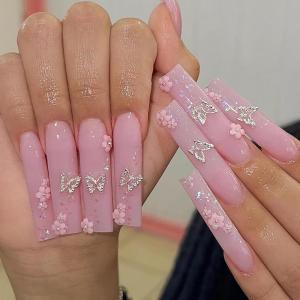 imageBABALAL Long Nails Press on Square Fake Nails Mint Green Summer Glue ons Nails French Tip Luxury Butterfly Flower Charm Design Acrylic Nails 24Pcs Squoval Full Cover Coquette False NailsANc112