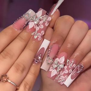 imageBABALAL Long Nails Press on Square Fake Nails Mint Green Summer Glue ons Nails French Tip Luxury Butterfly Flower Charm Design Acrylic Nails 24Pcs Squoval Full Cover Coquette False NailsANc120