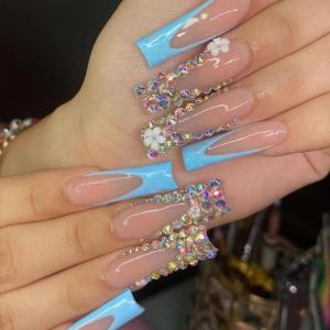 imageBABALAL Long Nails Press on Square Fake Nails Mint Green Summer Glue ons Nails French Tip Luxury Butterfly Flower Charm Design Acrylic Nails 24Pcs Squoval Full Cover Coquette False NailsANc122