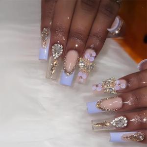 imageBABALAL Long Nails Press on Square Fake Nails Mint Green Summer Glue ons Nails French Tip Luxury Butterfly Flower Charm Design Acrylic Nails 24Pcs Squoval Full Cover Coquette False NailsANc117