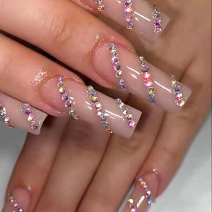 imageBABALAL Long Nails Press on Square Fake Nails Mint Green Summer Glue ons Nails French Tip Luxury Butterfly Flower Charm Design Acrylic Nails 24Pcs Squoval Full Cover Coquette False NailsANc121