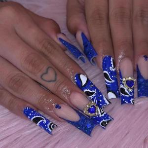 imageBABALAL Long Nails Press on Square Fake Nails Mint Green Summer Glue ons Nails French Tip Luxury Butterfly Flower Charm Design Acrylic Nails 24Pcs Squoval Full Cover Coquette False NailsANc104