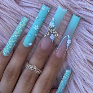 imageBABALAL Long Nails Press on Square Fake Nails Mint Green Summer Glue ons Nails French Tip Luxury Butterfly Flower Charm Design Acrylic Nails 24Pcs Squoval Full Cover Coquette False NailsANc107