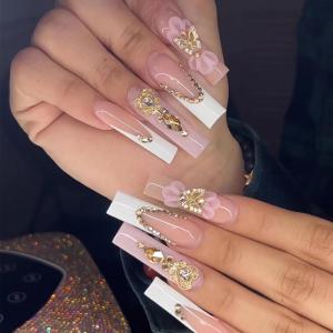imageBABALAL Long Nails Press on Square Fake Nails Mint Green Summer Glue ons Nails French Tip Luxury Butterfly Flower Charm Design Acrylic Nails 24Pcs Squoval Full Cover Coquette False NailsANc113