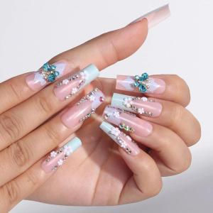imageBABALAL Long Nails Press on Square Fake Nails Mint Green Summer Glue ons Nails French Tip Luxury Butterfly Flower Charm Design Acrylic Nails 24Pcs Squoval Full Cover Coquette False NailsANc118