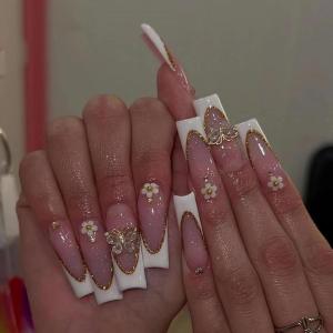 imageBABALAL Long Nails Press on Square Fake Nails Mint Green Summer Glue ons Nails French Tip Luxury Butterfly Flower Charm Design Acrylic Nails 24Pcs Squoval Full Cover Coquette False NailsANc105
