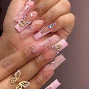 imageBABALAL Long Nails Press on Square Fake Nails Mint Green Summer Glue ons Nails French Tip Luxury Butterfly Flower Charm Design Acrylic Nails 24Pcs Squoval Full Cover Coquette False NailsANc115