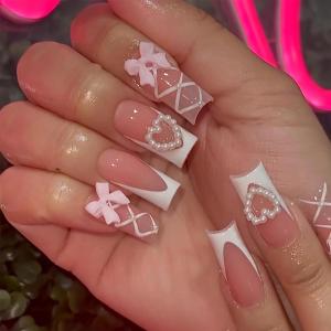 imageBABALAL Long Nails Press on Square Fake Nails Mint Green Summer Glue ons Nails French Tip Luxury Butterfly Flower Charm Design Acrylic Nails 24Pcs Squoval Full Cover Coquette False NailsANc108
