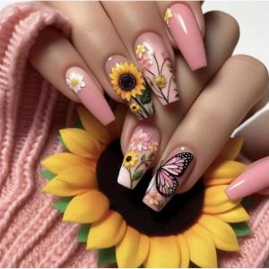 imageBABALAL Press on Nails Long Coffin Fake Nails Yellow Full Cover Acrylic Nails with Bumblebee Flower Designs Stick on Nails Reusable Summer False Nails Supplies Flower Glue on Ballerina Nails for WomenANZ104