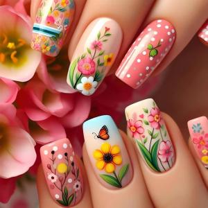 imageBABALAL Press on Nails Long Coffin Fake Nails Yellow Full Cover Acrylic Nails with Bumblebee Flower Designs Stick on Nails Reusable Summer False Nails Supplies Flower Glue on Ballerina Nails for WomenANZ116