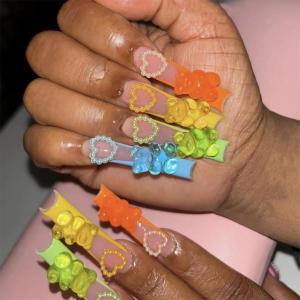 imageBABALAL Press on Nails Long Square Fake Nails Rainbow French Tip Glue on Nails 3D Bear Soft Candy Charm Acrylic Nails Heart False Nails 24Pcs Squoval Cute Summer Manicure Stick on NailsANV21