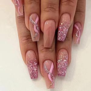 imageBABALAL Press on Nails Long Square Fake Nails Rainbow French Tip Glue on Nails 3D Bear Soft Candy Charm Acrylic Nails Heart False Nails 24Pcs Squoval Cute Summer Manicure Stick on NailsStriped